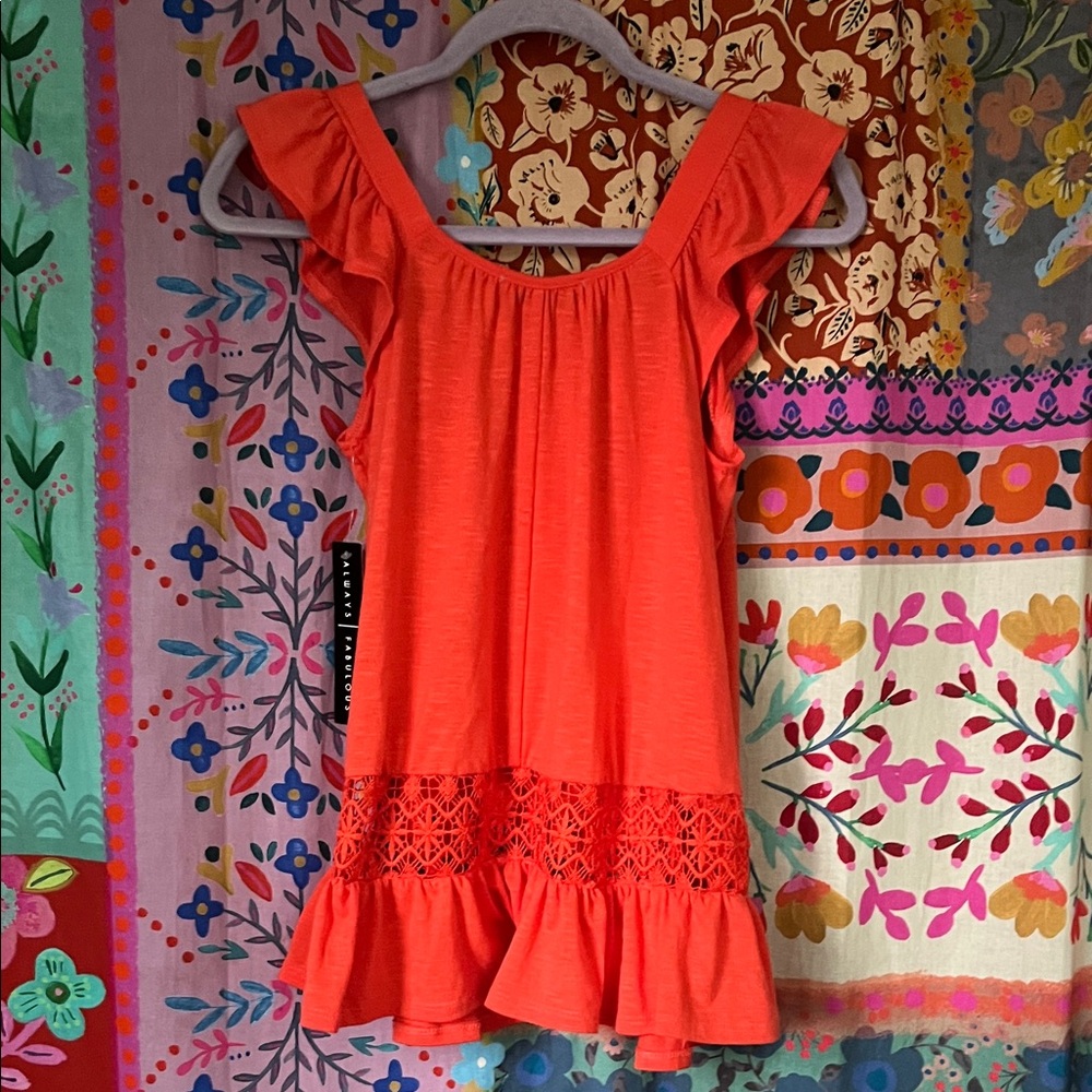 NWT ABSOLUTELY FAMOUS Polyester Orange Boho Flutter Sleeve/Crochet Blouse Size S - Picture 4 of 8